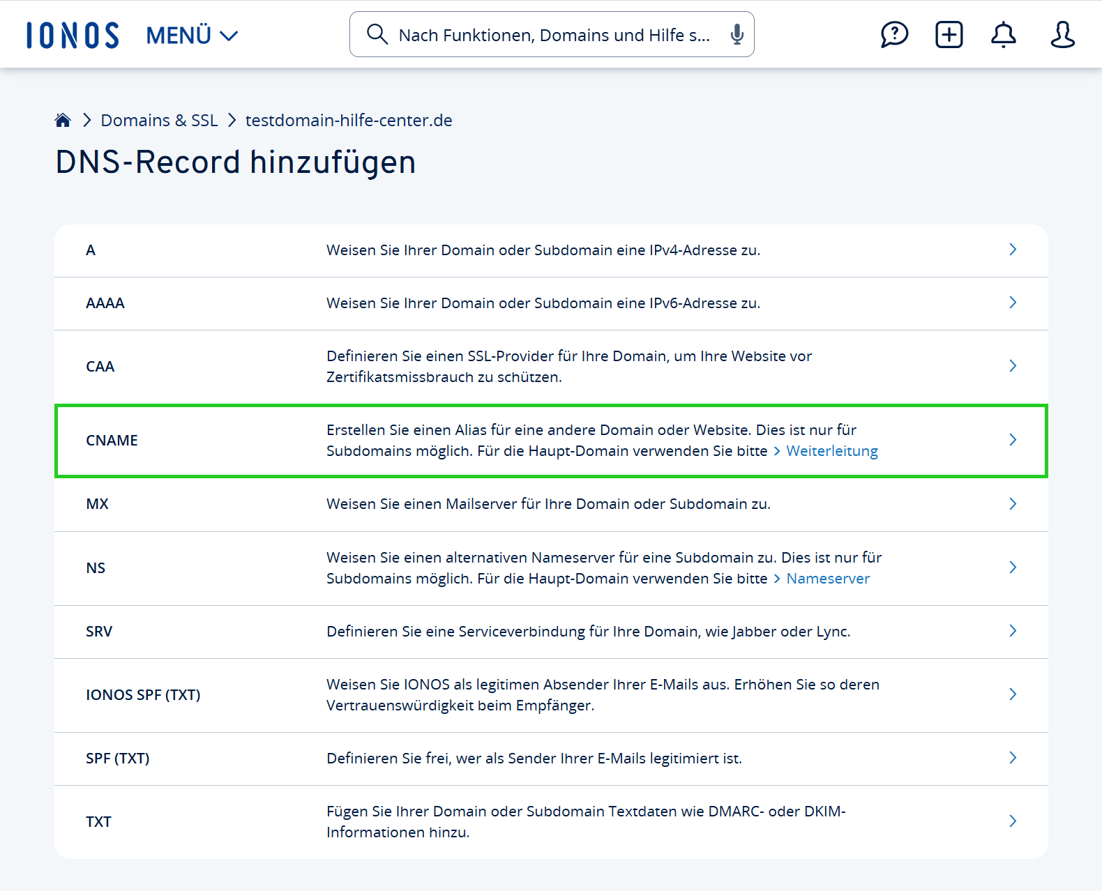 Die Seite DNS-Record hinzufügen wird angezeigt. Auf der Seite ist eine Liste mit verschiedenen DNS-Records aufgeführt. Auf dieser Seite ist der DNS-Record CNAME hervorgehoben.