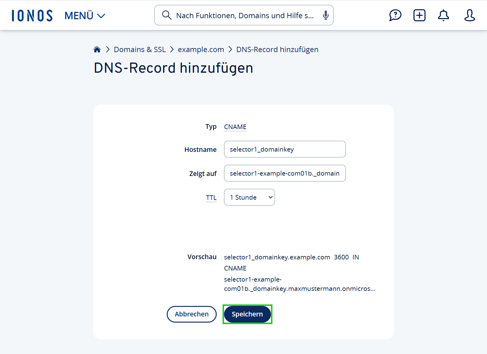 Eine zweite Seite mit dem Titel DNS-Record hinzufügen wird angezeigt. Auf der Seite sind die Felder Hostname, Zeigt auf und TTL sowie die Schaltflächen Abbrechen und Speichern aufgeführt. Die Schaltfläche Abbrechen hervorgehoben.