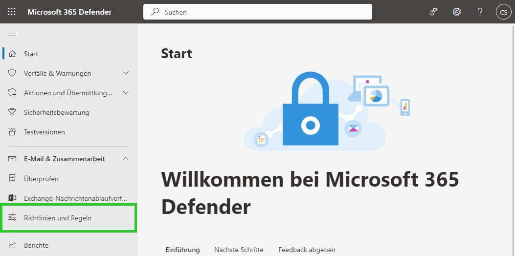 Screenshot: Übersichtsseite des Administratorkontos im Microsoft 365 Defender-Portal. In der Navigationsleiste ist der Menüpunkt Richtlinien und Regeln hervorgehoben.