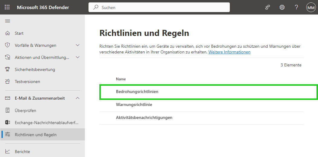 Screenshot: Menüpunkt Bedrohungsrichtlinien im Bereich Richtlinien und Regeln