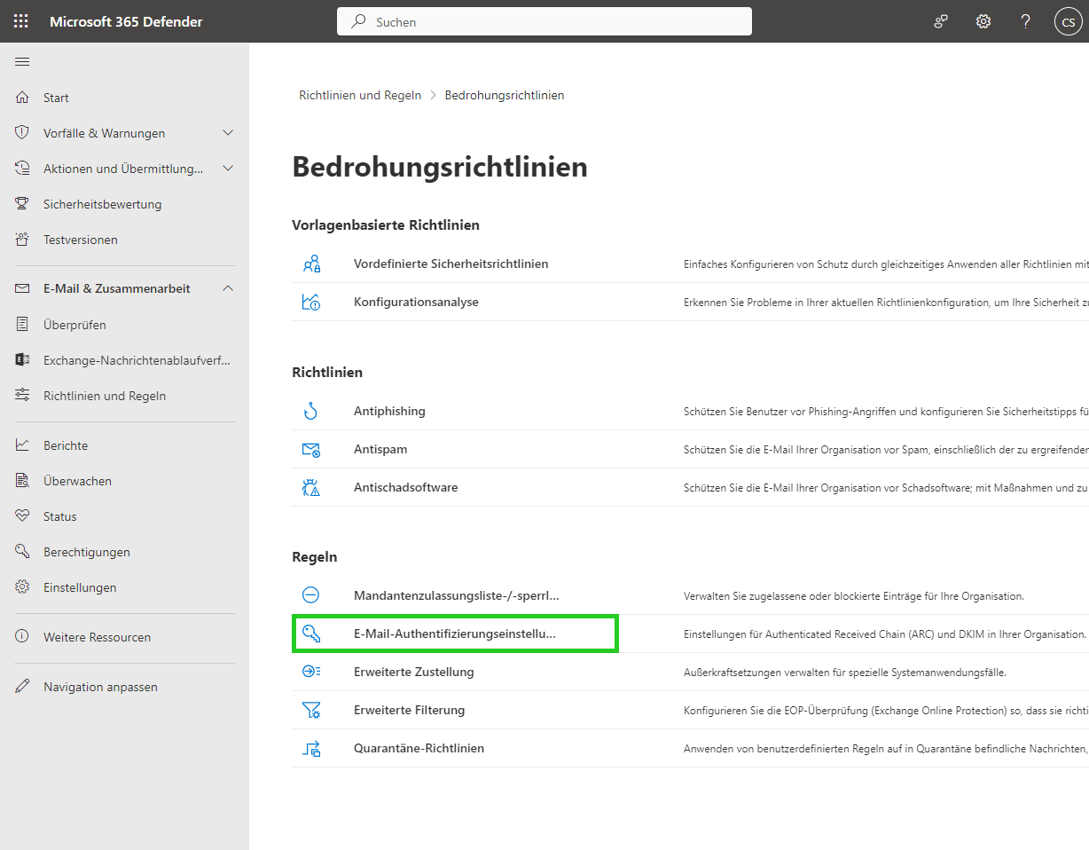 Screenshot: Menüpunkt E-Mail-Authentifzierungseinstellu… im Bereich Richtlinien und Regeln > Bedrohungsrichtlinien