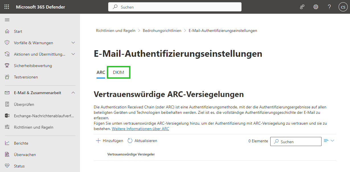 Screenshot: Reiter DKIM im Bereich Richtlinien und Regeln > Bedrohungsrichtlinien > E-Mail-Authentifzierungseinstellungen