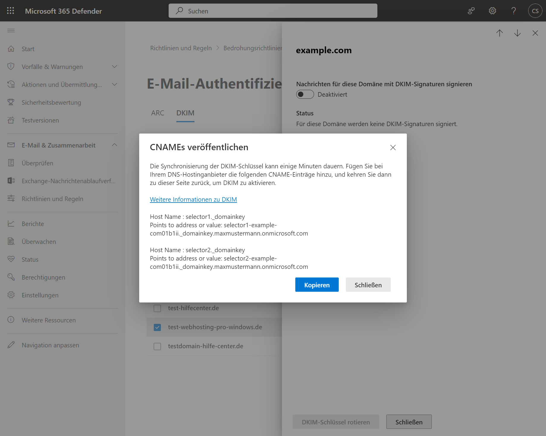 Screenshot: Fenster CNAMEs veröffentlichen mit den erforderlichen CNAME-Records. In dem Fenster ist sind zusätzlich die Schaltflächen Kopieren und Schließen aufgeführt.