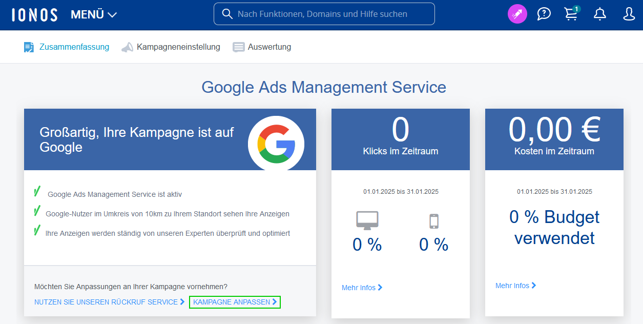 Abbildung: Zeigt den Ort der Verknüpfung, um das Feedback-Formular für die Kampagnenänderung zu öffnen.