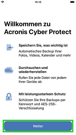Dieses Bild zeigt den Screen Willkommen bei Acronis Cyber Protect.