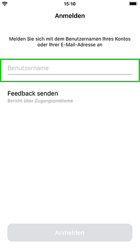 Dieses Bild zeigt den Screen Anmelden, in dem Sie Ihren Benutzernamen eingeben.
