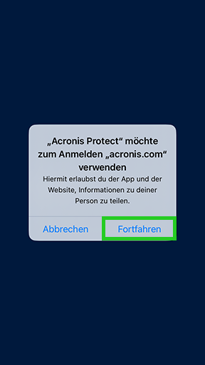 Dieses Bild zeigt den Screen mit der Meldung "Acronis Protect" möchte zum Anmelden „acronis.com“ verwenden.