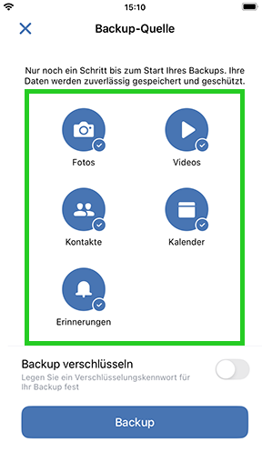 Dieses Bild zeigt die Menüpunkte Fotos, Videos, Kontakte, Kalender und Erinnerungen mittels denen Sie die zu sichernden Daten im Screen Backup-Quelle auswählen.