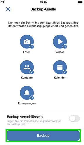 Dieses Bild zeigt die Schaltfläche Backup im Screen Backup-Quelle.