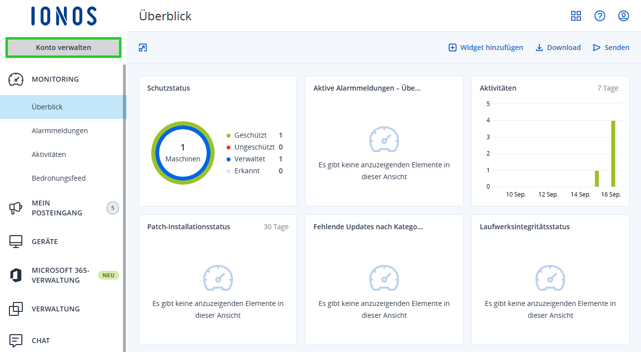 Screenshot: In der Backup-Konsole wird der Bereich MONITORING > Überblick angezeigt. In diesem Bereich ist die Schaltfläche Konto verwalten hervorgehoben.