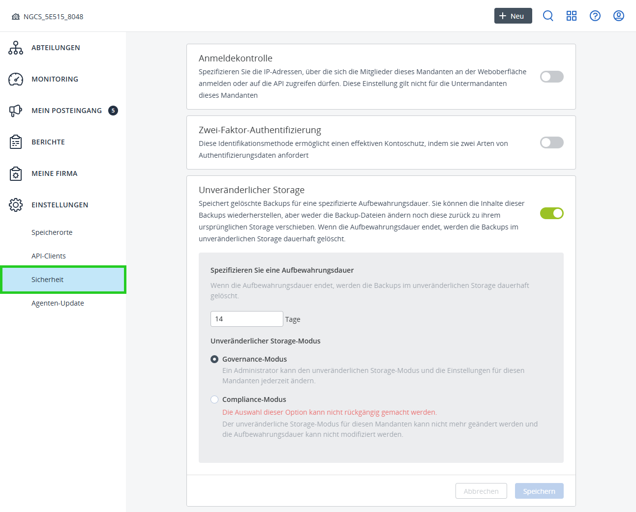 Screenshot: In der Backup-Konsole ist in der Navigationsleiste links unter EINSTELLUNGEN der Menüpunkt Sicherheit hervorgehoben.