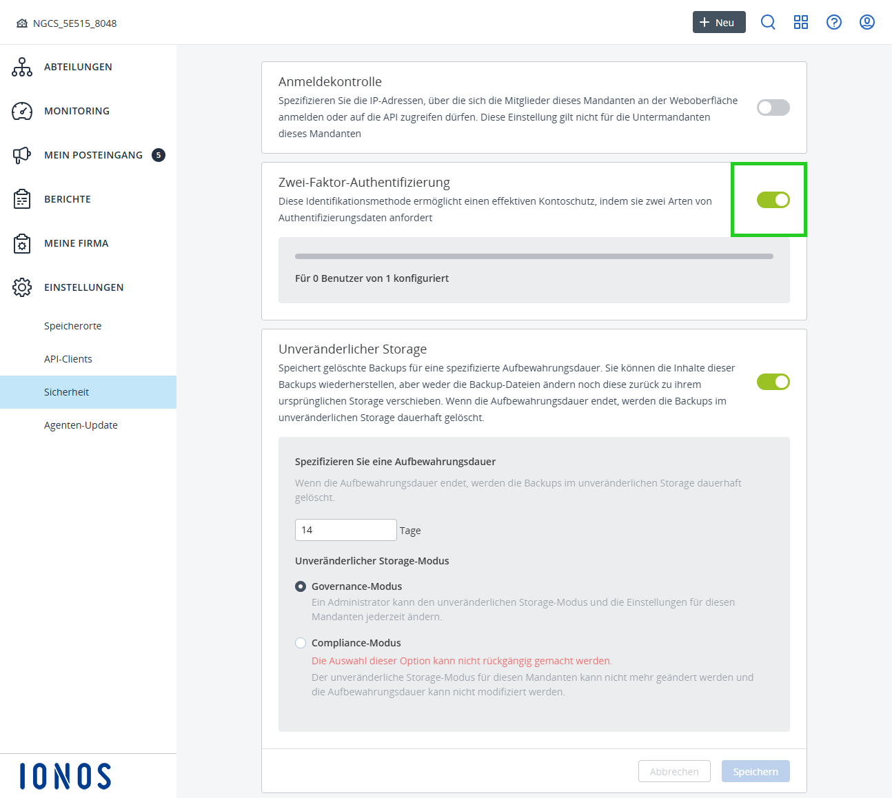 Screenshot: In der Backup-Konsole wird der Bereich EINSTELLUNGEN > Sicherheit angezeigt. In diesem Bereich ist der Schieberegler im Abschnitt Zwei-Faktor-Authentifizierung hervorgehoben.