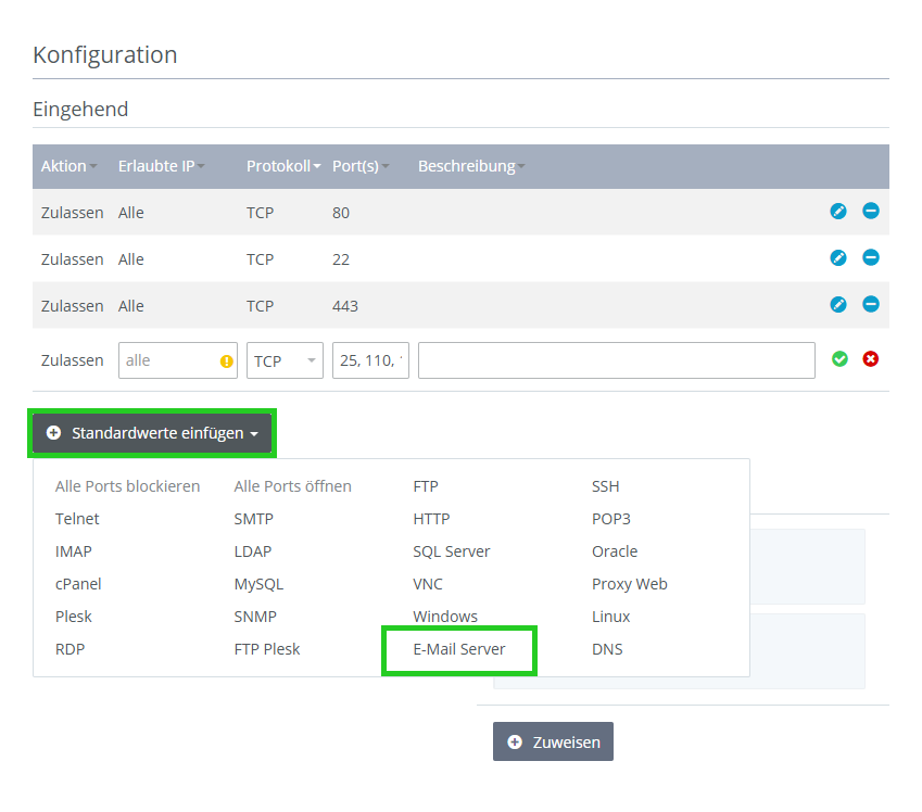 Screenshot: Die Konfiguration einer Firewall wird im Bereich Netzwerk > Firewall-Richtlinien im Cloud Panel angezeigt. Im Abschnitt Konfiguration ist die Schaltfläche Standardwerte einfügen mit der Möglichkeit abgebildet, vordefinierte Werte hinzuzufügen. In diesem Bereich ist der vordefinierte Wert E-Mail Server hervorgehoben.
