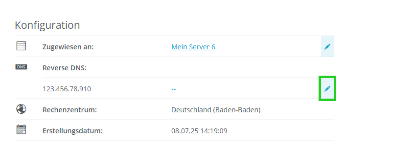 Screenshot: Die Konfiguration einer öffentliche IP wird im Bereich Netzwerk > Netzwerk > Öffentliche IP angezeigt. Im Abschnitt Konfiguration ist im Bereich Reverse DNS die Schaltfläche mit dem Stiftsymbol zur Bearbeitung der Reverse-DNS-Einstellungen hervorgehoben.