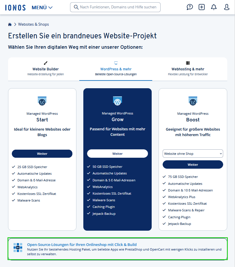 Optionen zur Erstellung eines Website-Projekts im IONOS Konto