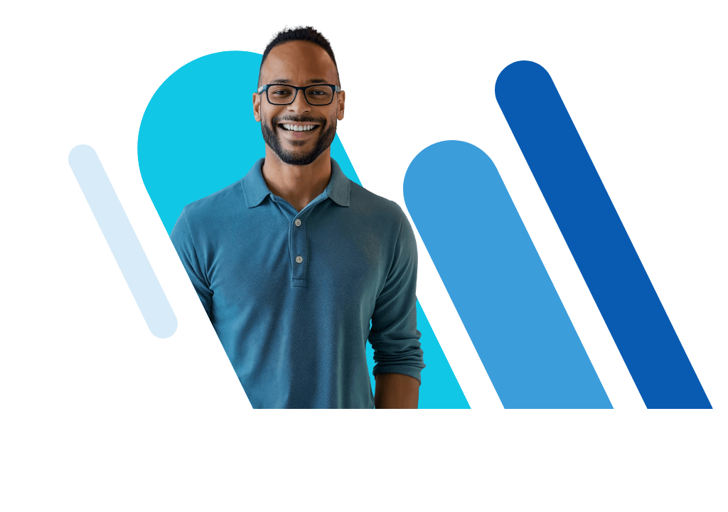 Smiling Black business owner in glasses wearing a blue polo shirt 