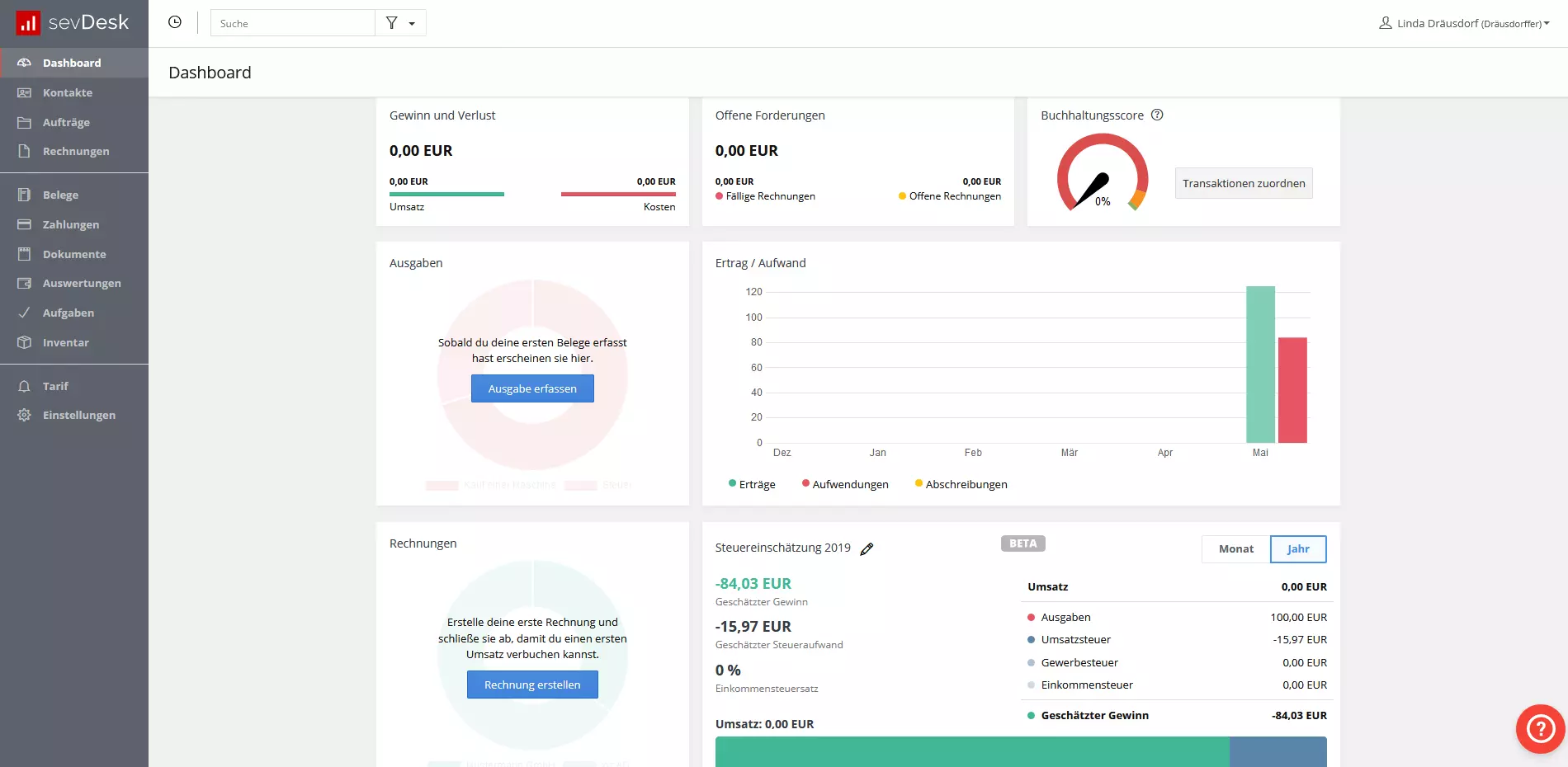 Dashboard der Buchhaltungssoftware sevDesk