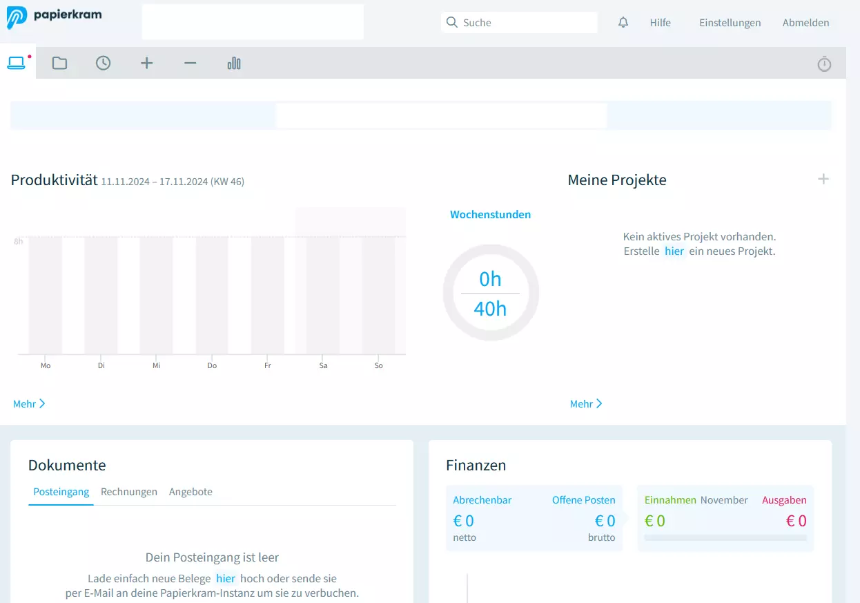 Dashboard der Online-Buchhaltung von Papierkram