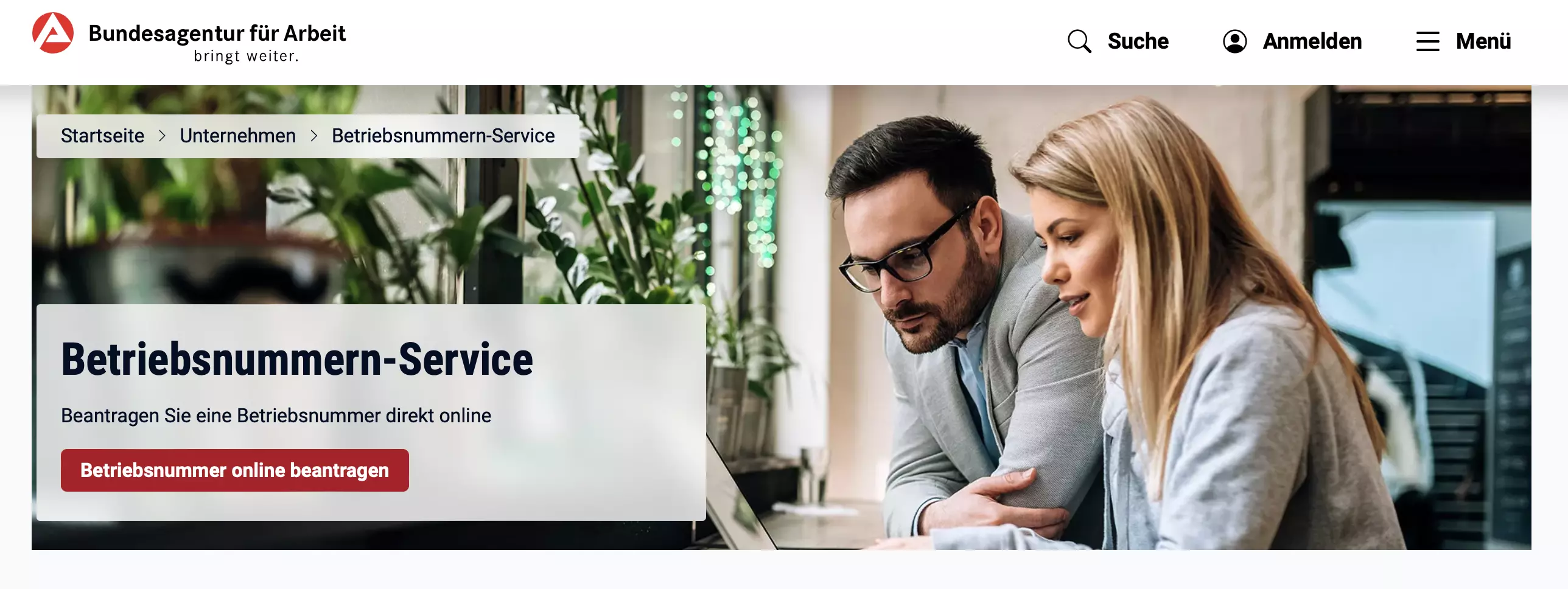 Screenshot des Betriebsnummern-Service der Bundeagentur für Arbeit